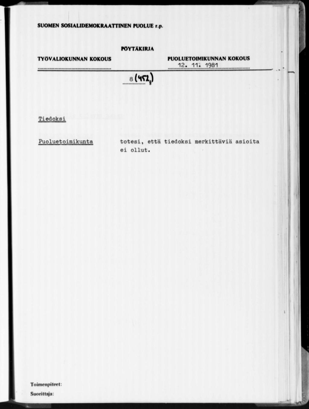 P Ö Y T Ä K I R J A 12. 11. 1981.