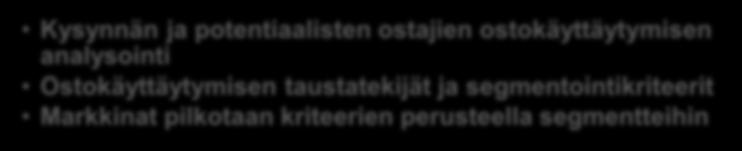suhteessa kilpailijoihin Jokaiselle segmentille suunnitellaan oma markkinointiohjelma Markkinointi ohjelma toteutetaan ja onnistumista seurataan Kuvio 2. Segmentointiprosessi (mukaillen Bergström ym.