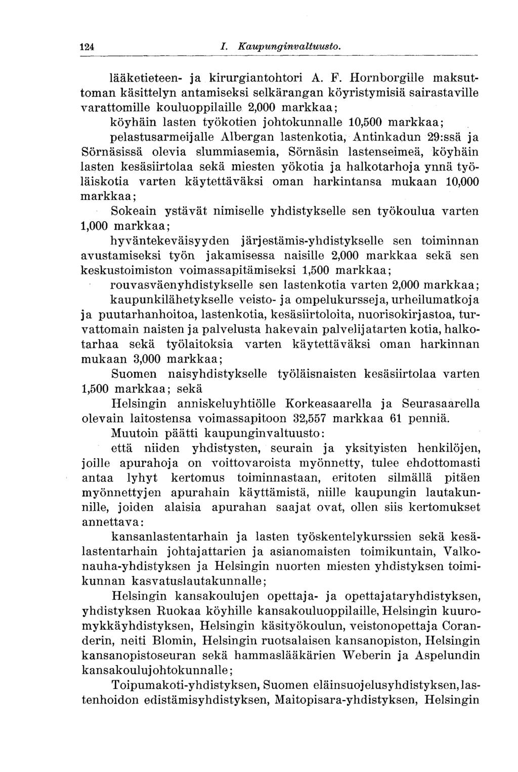 124 I. Kaupunginvaltuusto. lääketieteen- ja kirurgiantohtori A. F.