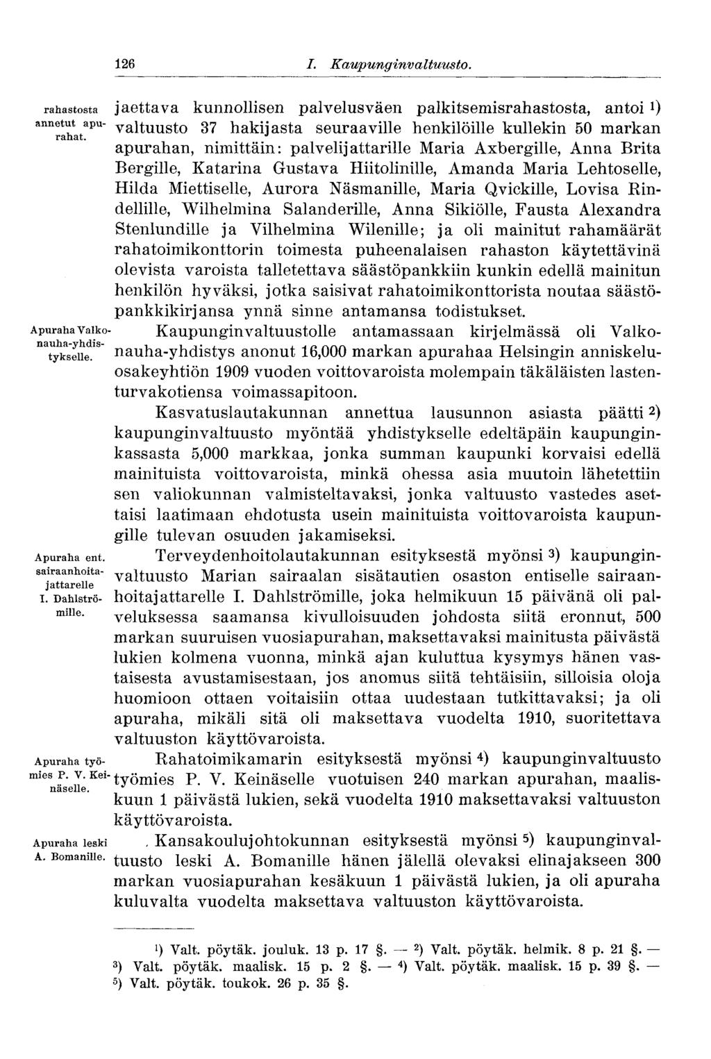 126 I. Kaupunginvaltuusto. rahastosta jaettava kunnollisen palvelusväen palkitsemisrahastosta, antoi 0 annetut apu- y^qtuusto 37 hakijasta J seuraaville henkilöille kullekin 50 markan rahat.