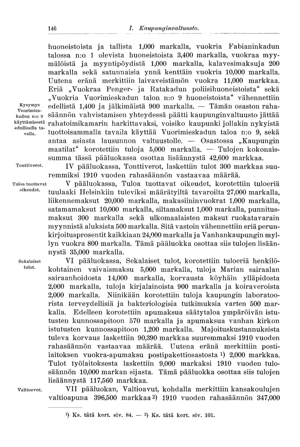 Tonttiverot. Tuloa tuottavat oikeudet. 146 I. Kaupunginvaltuusto.