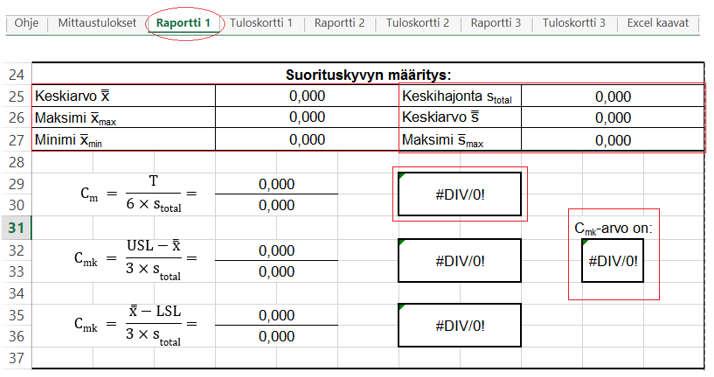 Osan mitat ja toleranssit täytetään niille tarkoitettuun ruutuun. 4. Cm- ja Cmk-arvot sekä Tuloskortti -välilehdillä on tulokset nyt näkyvissä.