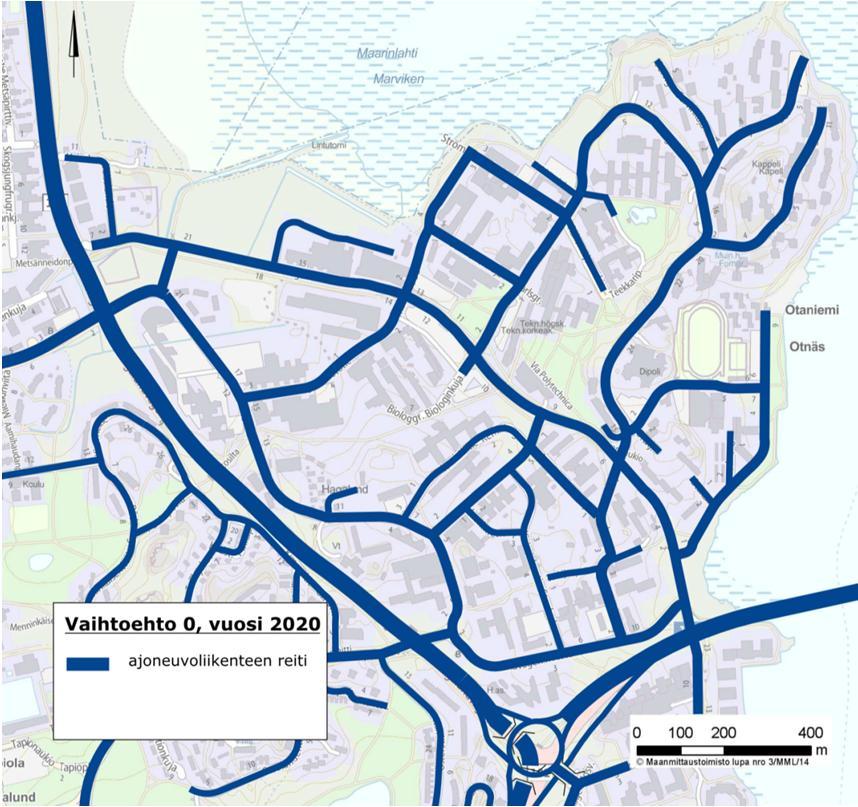 10 / 44 Kuva 8. Autoliikenteen verkkovaihtoehto 0 vuonna 2020.