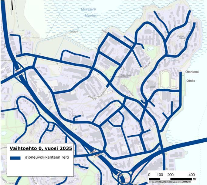 Autoliikenne 2035 Vuodelle 2035 autoliikenteelle muodostetut verkkovaihtoehdot (Ve 0 Ve 4) on esitetty alla. Vaihtoehto 0 Otaniemen sisäiset katuyhteydet ovat samat kuin nykytilanteessa vuonna 2014.