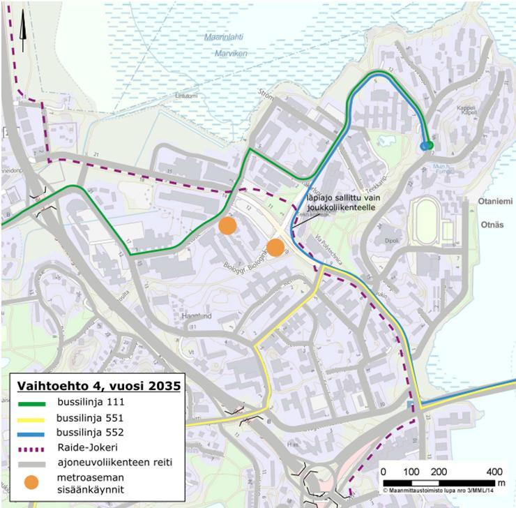 28 / 44 Vaihtoehto 4 Vaihtoehdossa 4 Otaniementie on suljettu autoliikenteeltä Tietotien ja Vuorimiehentien välillä, mutta läpiajo on sallittu