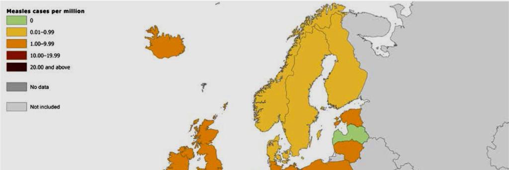 Kuva. Tuhkarokon ilmaantuvuus vuonna 26. Lähde: Surveillance report, Measles and rubella monitoring January 27, ECDC. Suomessa todettiin vuonna 26 neljä tuhkarokkotapausta.