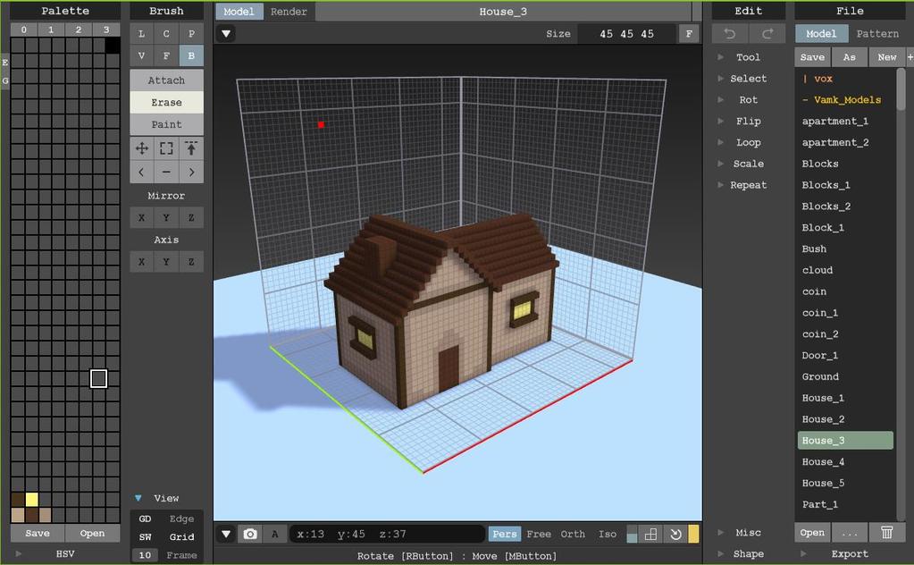 malleja hyvin lyhyessä ajassa. Voxel-mallien tekemiseen käytetään pelkästään kuutioita. Kuvassa 5 nähdään MagicaVoxel-editori. 20 Kuva 5. MagicaVoxel 0.98.1 editori. 3.