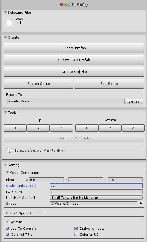 49 5.5 Voxel To Unity Voxel To Unityn avulla muutetaan kaikki vox-päätteiset tiedostot obj-tiedostoksi. Editorin yläpalkista Tools/Voxel To Unity, saadaan työkalu auki (Kuva 51).