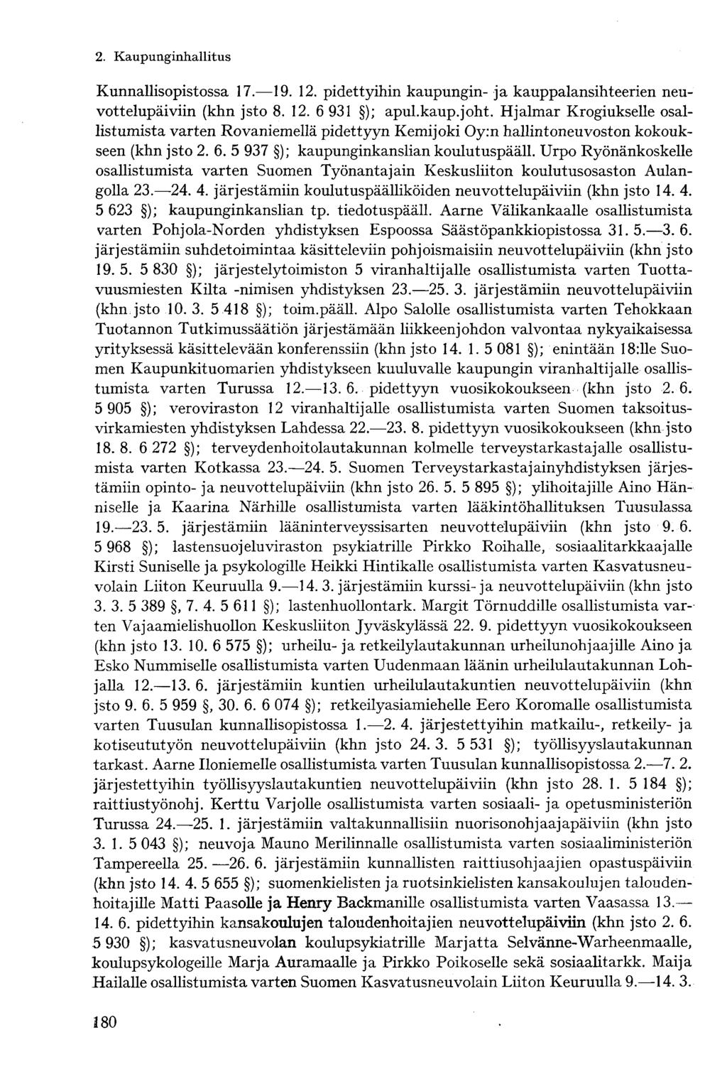 Kunnallisopistossa 17. 19. 12. pidettyihin kaupungin- ja kauppalansihteerien neuvottelupäiviin (khn jsto 8. 12. 6 931 ); apul.kaup.joht.