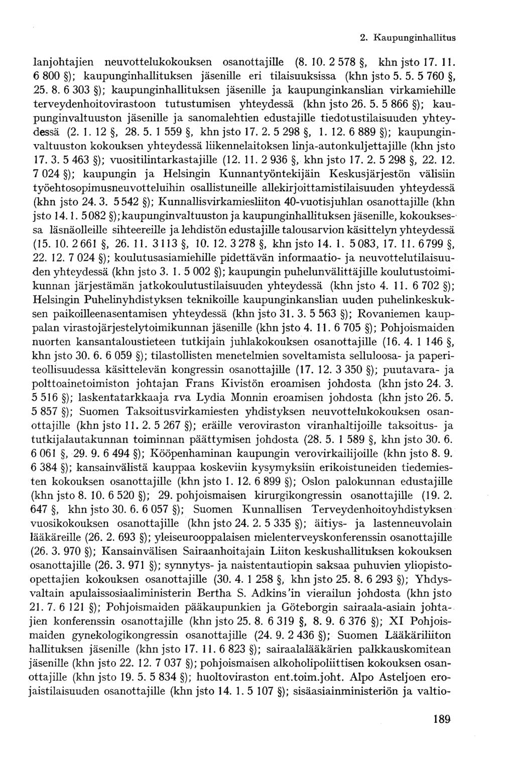 lanjohtajien neuvottelukokouksen osanottajille (8. 10. 2 578, khn jsto 17. 11. 6 800 ); kaupunginhallituksen jäsenille eri tilaisuuksissa (khn jsto 5. 5. 5 760, 25.8.6 303 ); kaupunginhallituksen jäsenille ja kaupunginkanslian virkamiehille terveydenhoito virastoon tutustumisen yhteydessä (khn jsto 26.