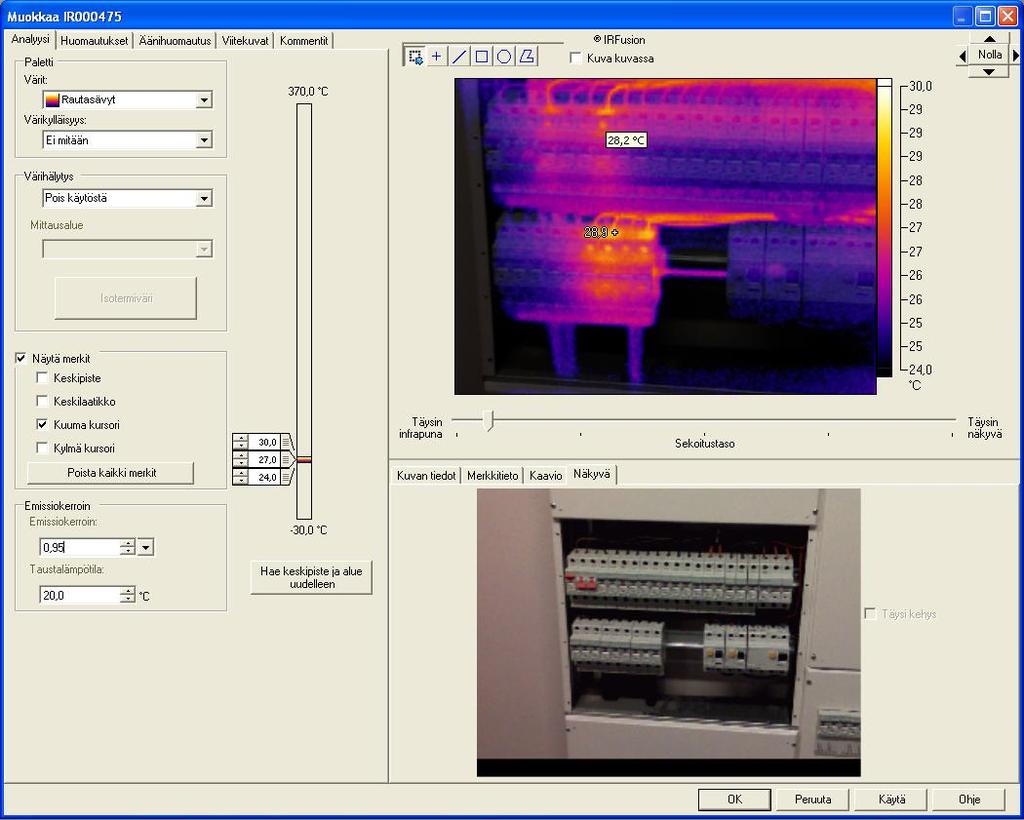 Kuva 5 Näkymä Fluke SmartView analysointi- ja raportointiohjelmistosta Muokattavissa ovat mm. emissiokerroin, lämpötila-alue, paletti ja näkyvissä olevat piste-lämpötilat.
