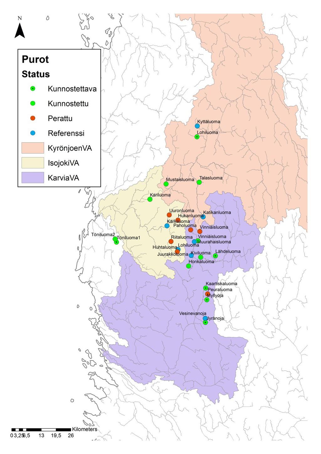 Puukunnostuskokeilu -Luonnonvarakeskuksen ja Oulun yliopiston tutkimushanke -Selvitetään kokorunkopuun vaikutuksia puron