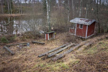 1980. Saunan terassilta johtaa rantaan maanpinnasta nostettu laiturimainen polku, joka jatkuu laituriksi. (Kuva 38.) Leikkimökki / liiteri ja katsomorakennelma (kohde h). Rantasaunalta n.