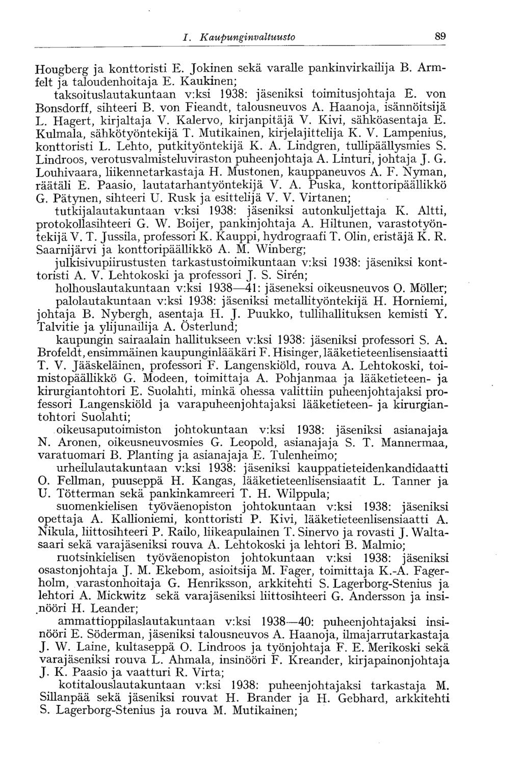 89 I. Kaupunginvaltuusto Hougberg ja konttoristi E. Jokinen sekä varalle pankin virkailija B. Armfelt ja taloudenhoitaja E. Kaukinen; taksoituslautakuntaan v:ksi 1938: jäseniksi toimitusjohtaja E.