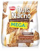 102913 Vaasan RuisNacho Seesami & Merisuola Nettopaino: 10 x 300 g Ainekset: Täysjyväruisjauho 82 %, seesaminsiemenet 7 %, pellavansiemenet 5 