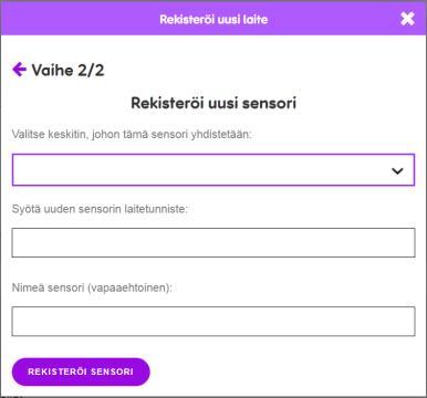 valitse Office-vaihtoehto Valitse Sensori Lue sensorin pohjasta laitteen ID Valitse listasta keskitin, johon haluat