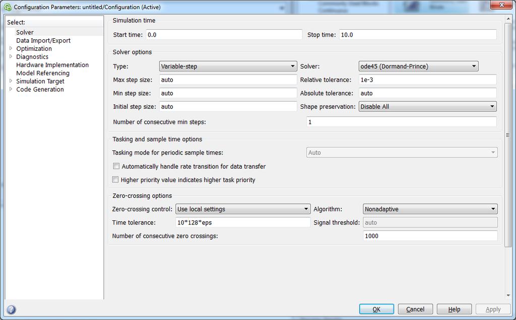 Laskennan parametrien valinta Simulation Configuration Parameters Solver Taulukko.