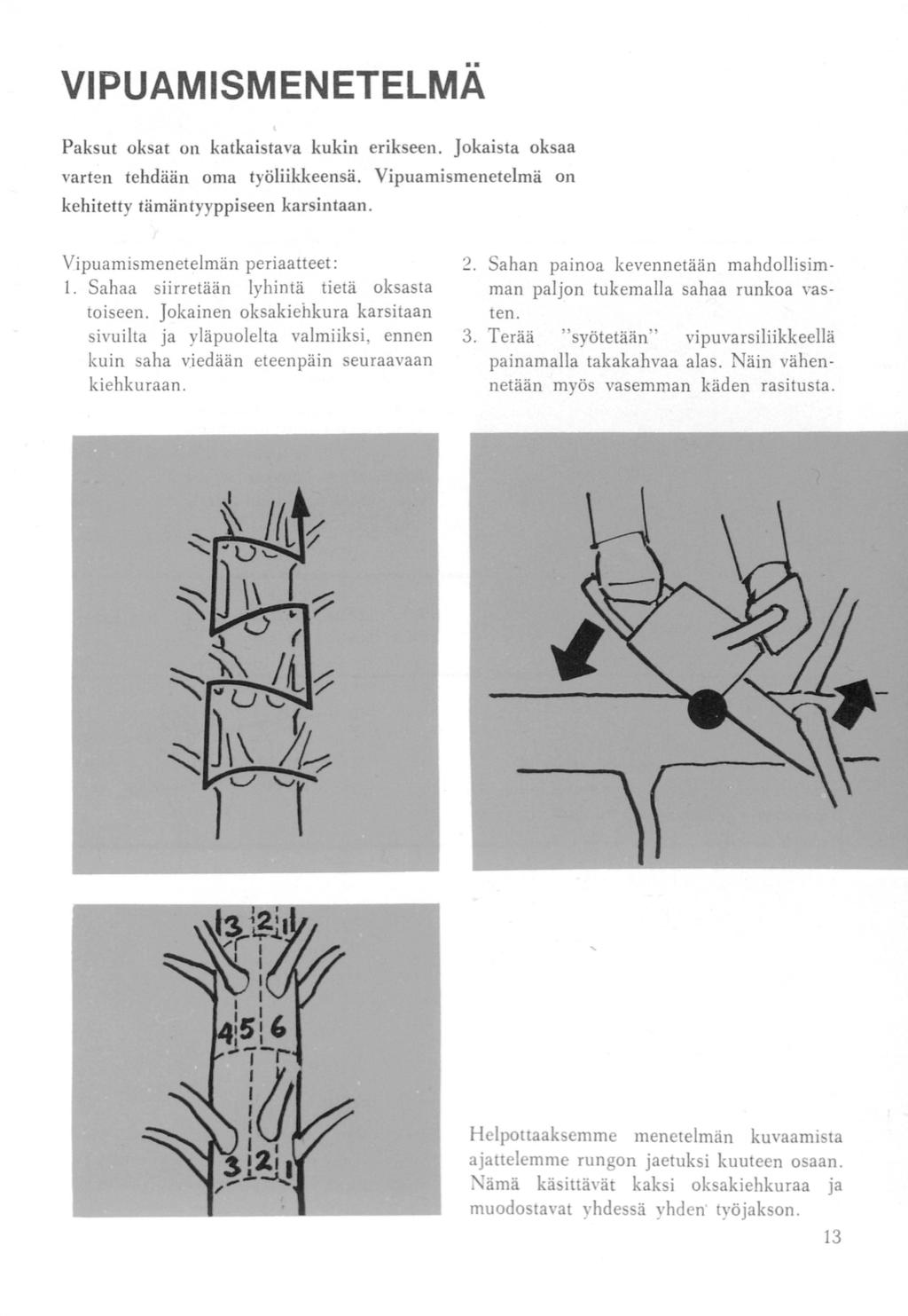 VIPUAMISMENETELMA Paksut oksat on katkaistava kukin erikseen. Jokaista oksaa varten tehdään oma työliikkeensä. Vipuamismenetelmä on kehitetty tämäntyyppiseen karsintaan.
