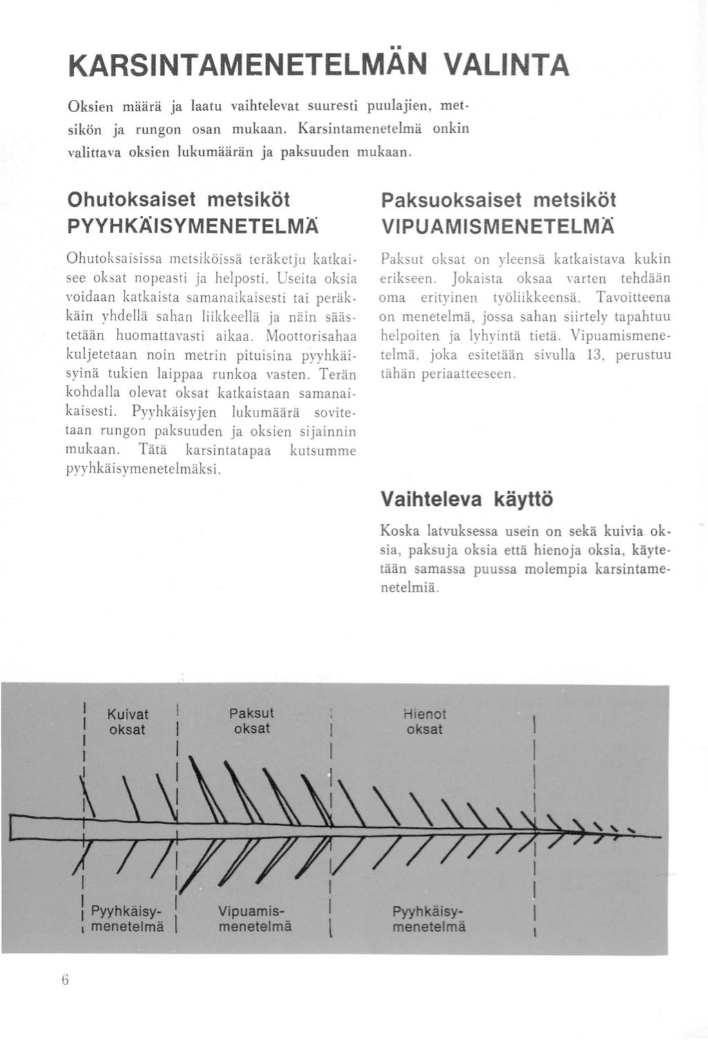 KARSINTAMENETELMAN VALINTA Oksien määrä ja laatu vaihtelevat suuresti puulajien, metsikön ja rungon osan mukaan. Karsintamenetelmä onkin valittava oksien lukumäärän ja paksuuden mukaan.