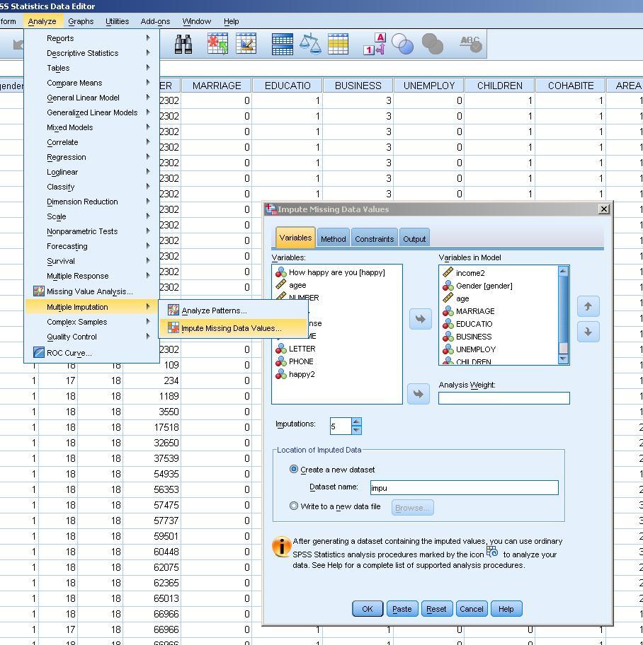 SPSS kokeilua 3 Nyt voitkin sitten kokeilla monikertaista imputointia. Tämä tuottaa tuloksen. Jos laitan myös happy2 -muuttujan, se ei kykene tuottamaan tuloksia.