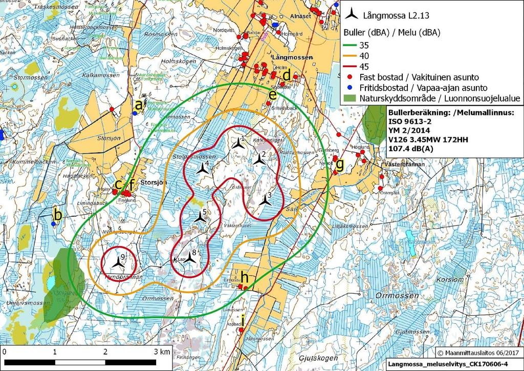 Sivu 10 / 22 Kuva 2. Långmossan tuulivoimapuiston melumallinnus. Kuvassa 9 havainnointipistettä on merkitty kirjaimilla.
