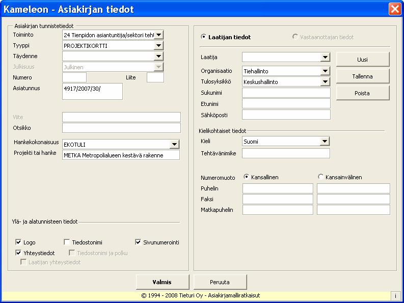 Tiehallinnon kehittämisprojektien ohje 2008 Liite 2 (3/4) LIITTEET Projektikortin luominen dokumenttien hallintajärjestelmää varten (doku) Toiminto valitaan valikosta Diaarinumero Otsikko jätetään