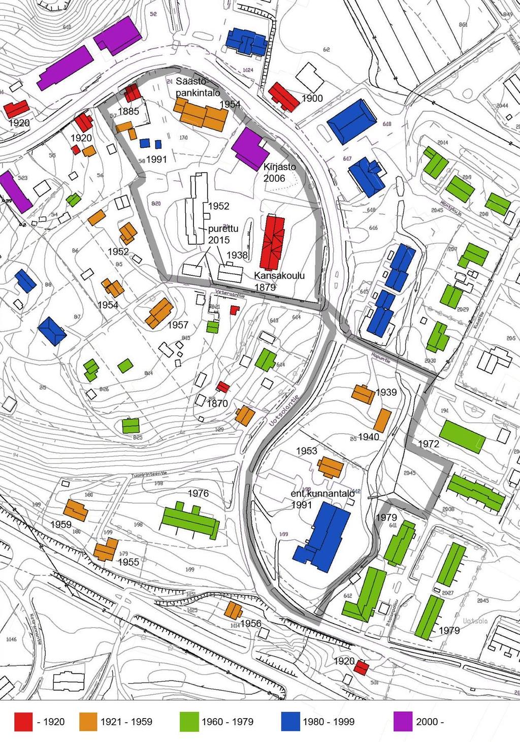 Uotsolan rakennukset vuosikymmenittäin pohjakartalla, suunnittelualue harmaalla rajauksella.
