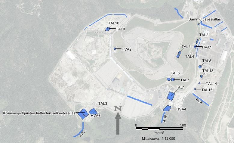 33 Vesi tasolla ojat ja altaat on jaettu omille alatasoille. Tämän lisäksi altaat on vielä jaettu tarkemmin suotoveden tasausaltaisiin, hulevesialtaisiin ja sammutusvesialtaaseen.