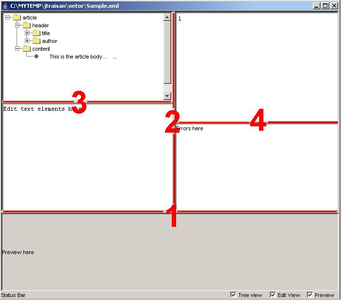 Kuva 7.13: Näkymäikkunan jakopaneelien jakajat. 7.3.2 Asetustiedoston DTD <!ELEMENT activeframe (#PCDATA)> <!ELEMENT common(windowbottomright activeframe elementinspector windowtopleft)*> <!