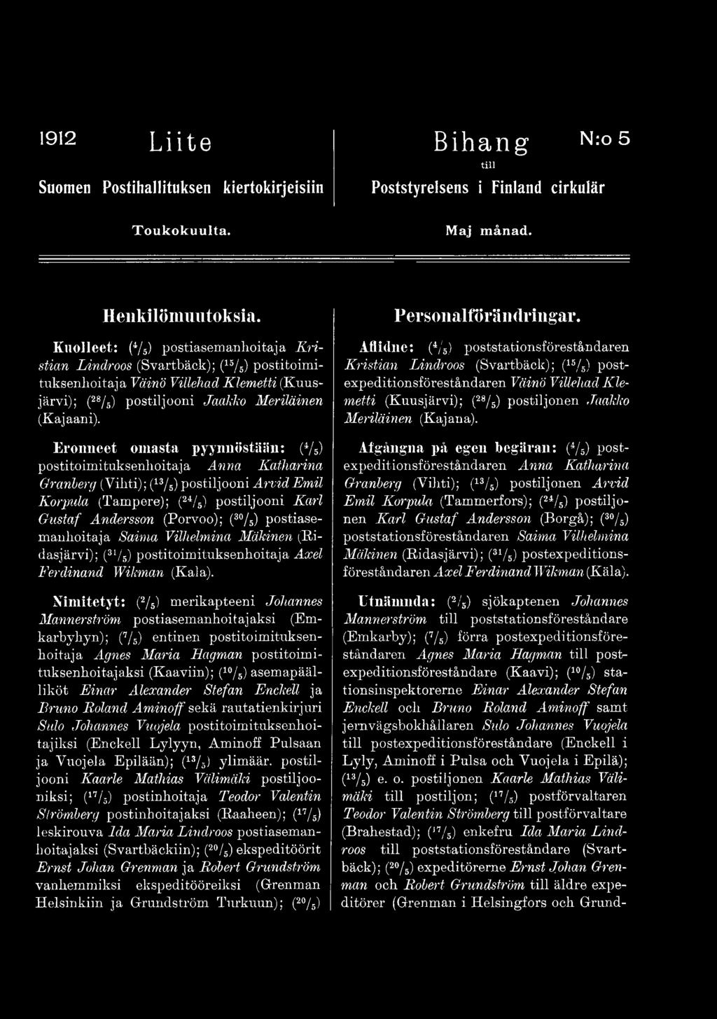 Nimitetyt: (2/5) merikapteeni Johannes Mannerström postiasemanhoitajaksi (Emkarbyhyn); (7/5) entinen postitoimituksenhoitaja Agnes Maria Hagman postitoimituksenhoitajaksi (Kaaviin); (10/5)