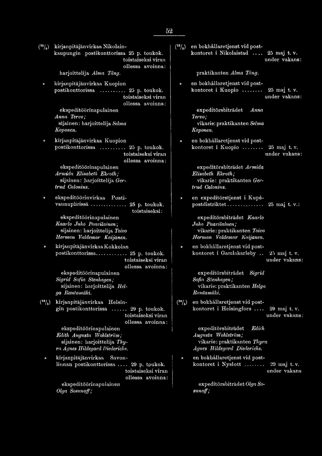 Olga Sosunoff; (25/5) en bokhållaretjenst vid postkontoret i Nikolaistad... 25 maj t. v. praktikanten Alma Tång.» en bokhållaretjenst vid postkontoret i Kuopio... 25 maj t. v. expeditörsbiträdet Anna lervo; vikarie: praktikanten Selma Koponen.