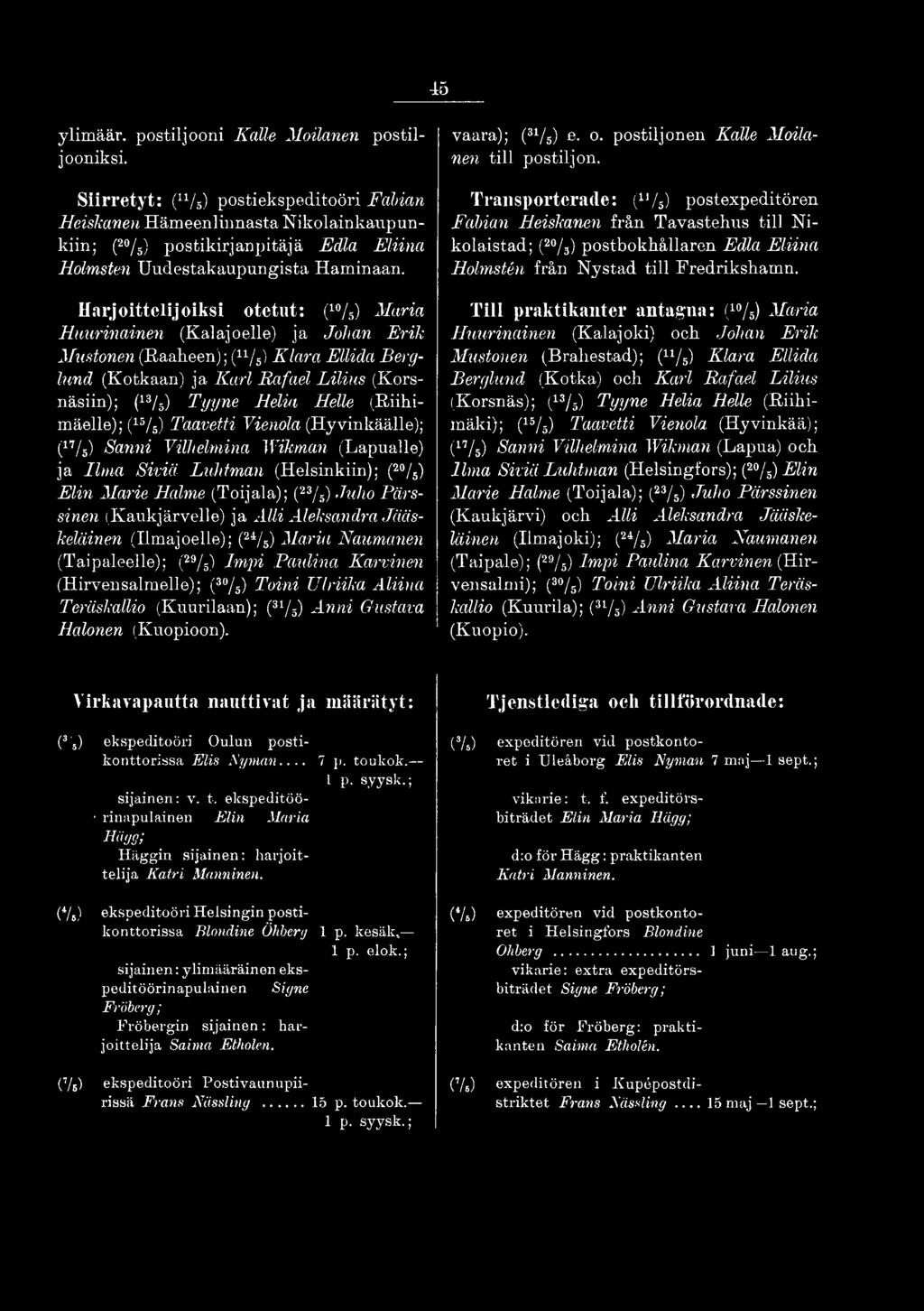 Harjoittelijoiksi otetut: (10/ 5) Maria Huurinainen (Kalajoelle) ja Johan Erik Mustonen (Raaheen); (11/5) Klara Ellida Berglund (Kotkaan) ja Karl Rafael Lilius (Korsnäsiin); (13/5) Tyyne Heliä Helle