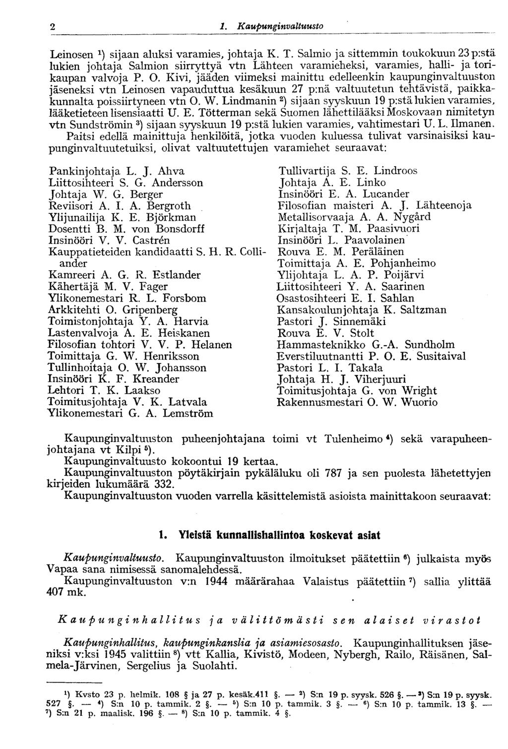 2 1. Kaupunginva Ituusto2 Leinosen sijaan aluksi varamies, johtaja K. T.