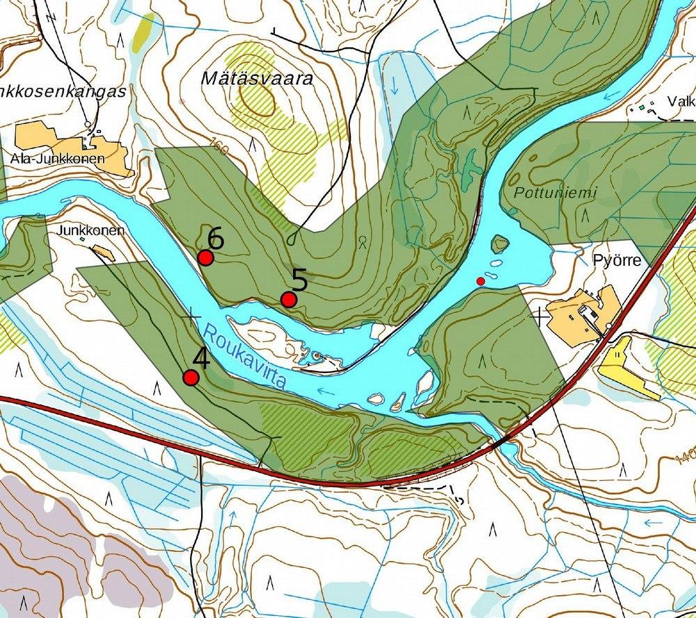 Kohde 4-6. Karttassa näkyvä pieni punainen piste on poistettu muinaisjäännös. Maanmittauslaitoksen peruskarttarasteri 1:0 000, 8/016, mk n. 1: 5 