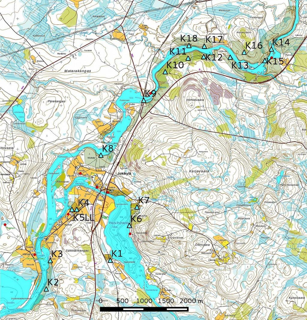 5 3. Maastokuvaukset ja valokuvat Kartta 4. Kuvauspaikat sinisenä kolmiona.