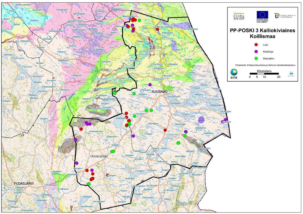 GEOLOGIAN TUTKIMUSKESKUS 7 30.09.2016 Kuva 4. Laatuluokka jakauma Koillismaa. 2.7 Tarkastelu kunnittain 2.7.1 Kuusamo Kuusamon alueella kalliokiviaineskartoitusta ei aikaisemmin ole suoritettu.