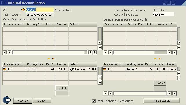 Peruutettu täsmäytys Kun SAP Business One 2007 A:ta aiemmissa versioissa peruutetaan manuaalinen täsmäytys (Pankkikäsittely Tiliotteet ja täsmäytykset Hallinnoi aikaisempia