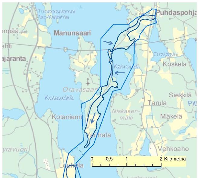 Pohjavesialueen raja alueella, jolla pohjavesimuodostumaan imeytyy pintavettä Pohjavesialueen raja ulotetaan rannan välittömään läheisyyteen huomioiden kuitenkin maa-aineksen laatu ja