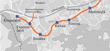 LÄNSIMETRON JATKEEN RUNKOMELUSELVITYS Penttinen et al. Kuva 1. Länsimetron jatkeen linjaus ja asemat kartalla.