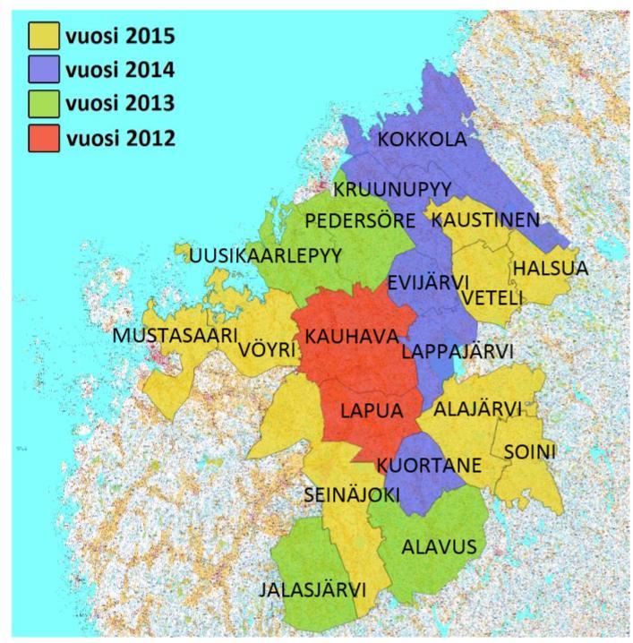 Valtakunnallinen viemäröintiohjelma / neuvonta Etelä-Pohjanmaan ELY-keskuksen 2012-2015 myöntämät avustukset hajajätevesineuvontahankkeille (Pohjanmaan Jässi-hankkeille) yhteensä 585