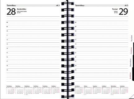 Viikkokalenterit Päiväkirja Koko: 135 x 205 mm. Kalenterin aukeamalla kaksi päivää, tuntijaotus 08-19, reilusti muistiinpanotilaa ja koko vuoden kuukausitaulukot.