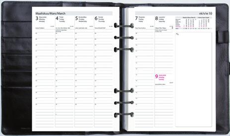 Järjestelmäkalenterit BUSINESS, järjestelmäkalenteri Kalenterikoko: 148 x 210 mm (A5). Kansikoko: 185 x 235 mm. Suuri ja tilava järjestelmäkalenteri.