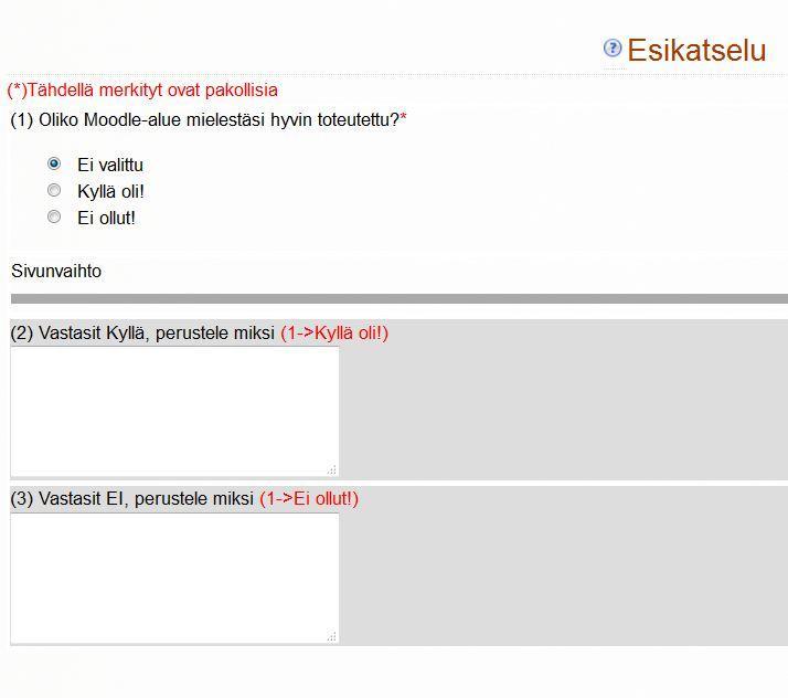Esikatselu-näkymässä voit muuttaa kysymysten paikkaa, poistaa ja muokata niitä. Riippuvat kohteet Voit asettaa riippuvuuksia kohteiden välillä.