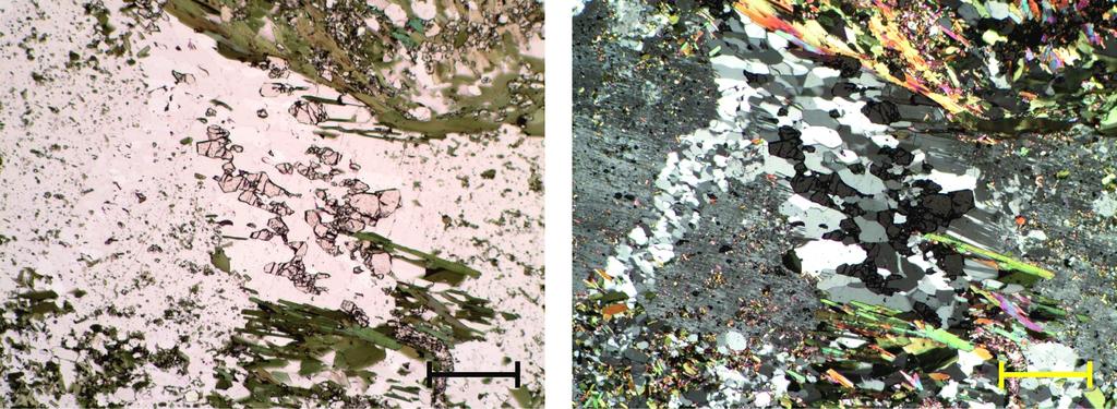 Kuva 29. Mikroskooppikuva granaattirakeista kuvan keskellä. Kuvissa lisäksi erikokoisia albiittirakeita sekä kuvissa ylhäällä ja alhaalla biotiittia ja amfibolia.
