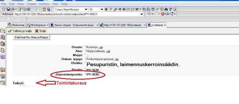 Ylätason pesulaite- ja piirikohtaiset toimintakuvaukset luotiin Notesilla ja kuvassa 23 on esimerkki pesupuristimen laimennuskerroinsäätimen kuvauksen luonnista.