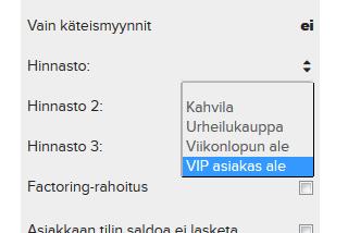 Valitse valikosta haluttu hinnasto ja tallenna. Muista tallentaa. Nyt hinnasto on aktivoitu käyttöön ko. asiakkaalle.