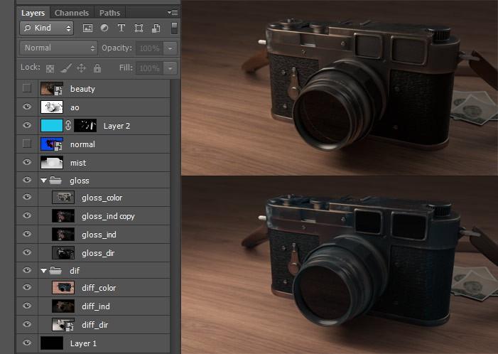33 Photoshoppiin, jossa yhdistän eli komposioin ne yhdeksi kuvaksi. Prosessi lähtee käyntiin eri renderpassien kuvien tutkimisella.