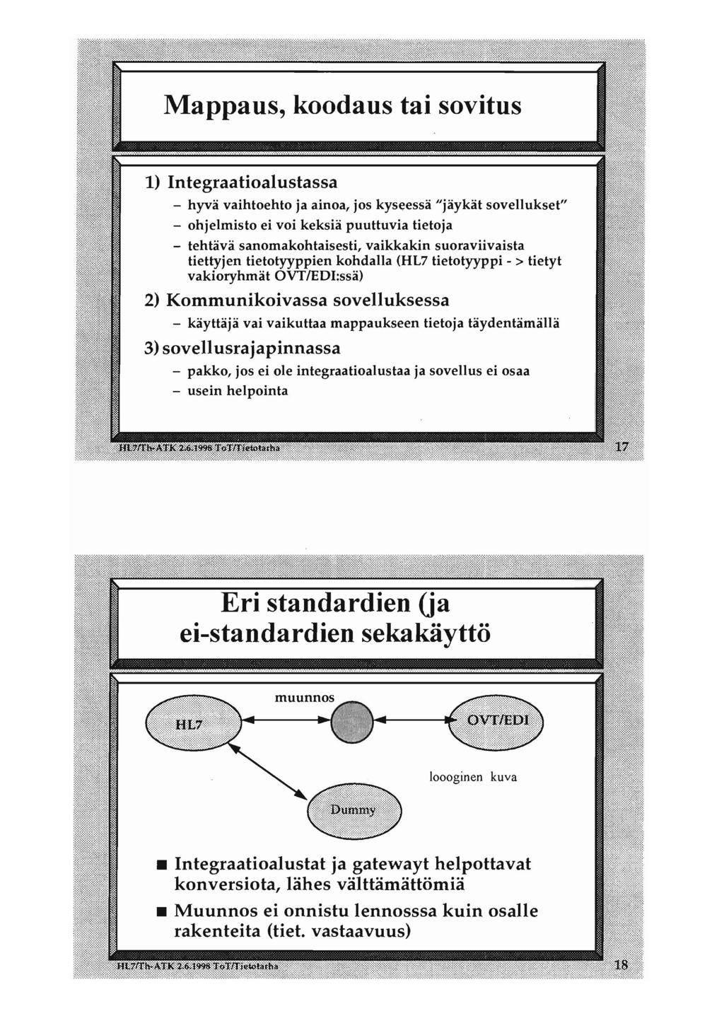 1) Integraatioalustassa - hyvä vaihtoehto ja ainoa, jos kyseessä "jäykät sovellukset" - ohjelmisto ei voi keksiä puuttuvia tietoja - tehtävä sanomakohtaisesti, vaikkakin suoraviivaista tiettyjen