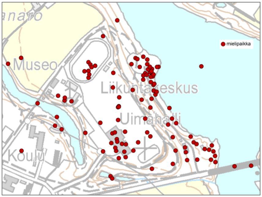 Nosto Consulting Oy 12/28 4. Mielipaikat Arantilanpuiston alueella Ensimmäisenä karttakysymyksenä vastaajia pyydettiin merkitsemään kartalle mielipaikkansa Arantilanpuiston alueella.