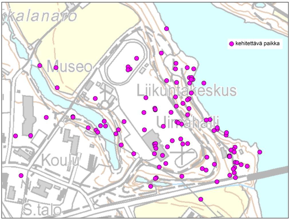 Nosto Consulting Oy 13/28 5. Kehityskohteita Seuraavana karttakysymyksenä vastaajia pyydettiin merkitsemään kartalle (kyselyalueelle) paikkoja tai kohteita, joita vastaajien mielestä pitäisi kehittää.